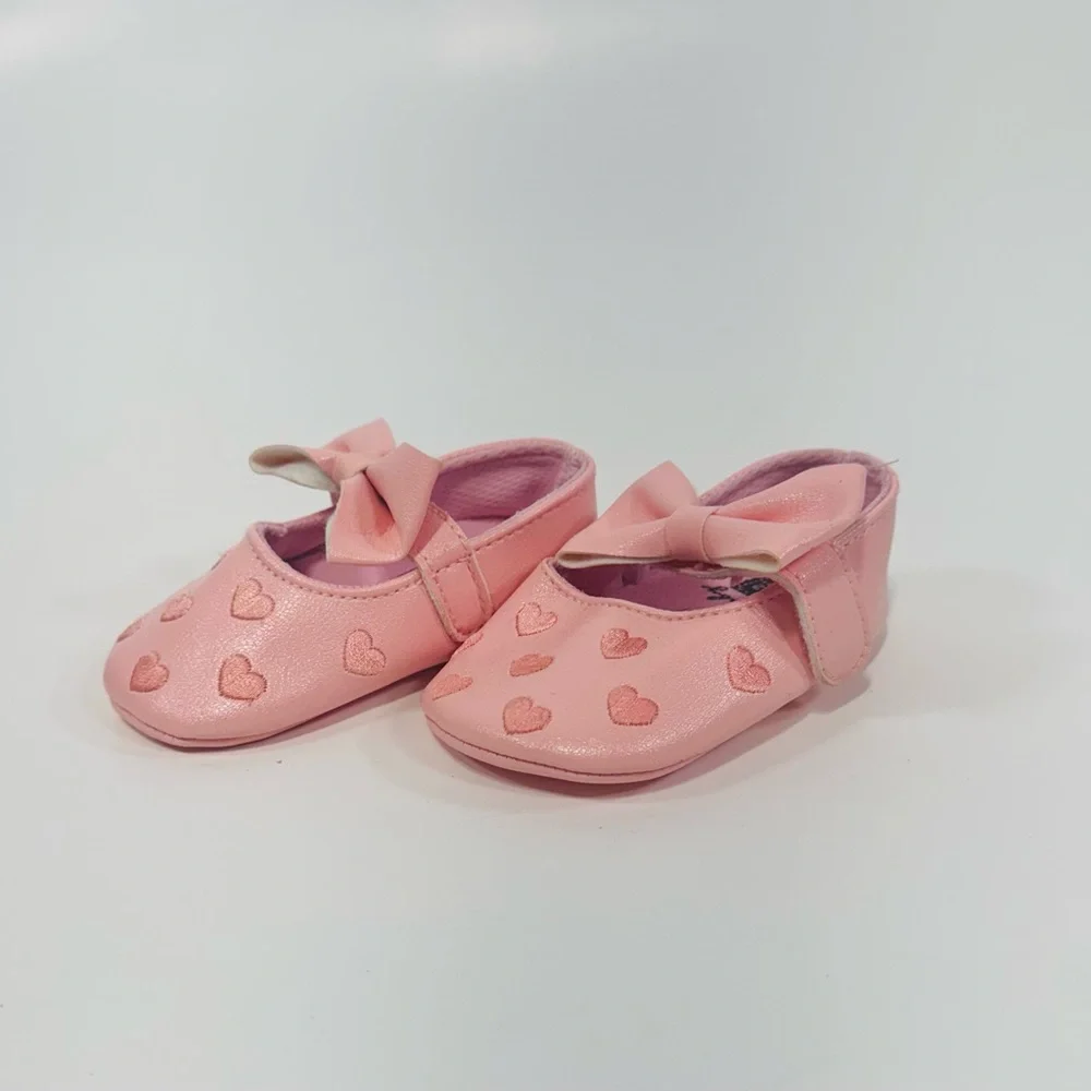 Pink Baby Shoes with Bow & Hearts (Size 6-12 Months)